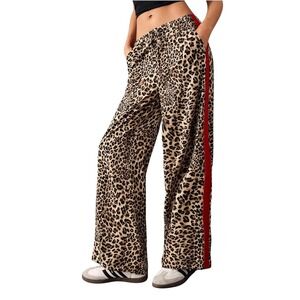 Makemechic Leopard Print Wide Leg Pants Red Side Stripe XS Animal Track Trousers